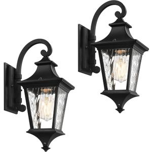 Emliviar 2-Pack Farmhouse Lantern Wall Sconces, 15" Wall Mount Outdoor Lights, Black Finish with Water Ripple Glass, XE292B-2PK-SW BK
