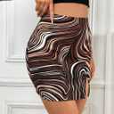 WDIRARA Women's Marble Print Split Hem High Waist Elastic Waistand Knitted Skinny Bodycon Skirt (Brown, L)