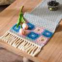 SUTAVIA Natural Cotton Lace Table Runner Black Floral Embroidery Beige Macrame Tassel Boho Table Runners Farmhouse Decor for Home Dining Table Holiday Party (Grey Blue, 12"x96")