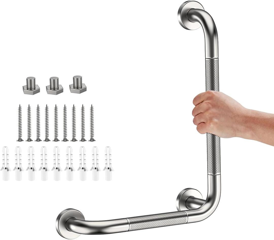 L-Shaped Angled Grab Bar 12x16 Inch Brushed Nickel Anti-slip Knurled Shower Handle Wall Mount, Stainless Steel Shower Bar for Seniors Injured Balance Support, Handicap Grab Bars for Bathtubs & Showers, Brushed Nickel