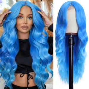 Colorful Queen Blue Wigs for Women 26 Inch Long Wavy Wig Glueless Lace Wig for Daily Party Use Halloween Cosplay