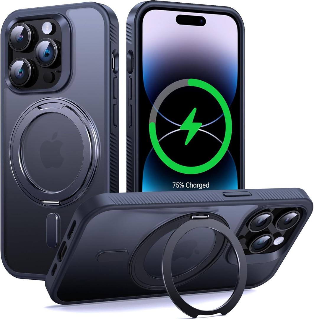 Supdeal Magnetic Kickstand for iPhone 14 Pro Case, Compatible with MagSafe 360 Rotatable Ring Stand Holder, Non-Slip Hard Matte Translucent Cover Military-Grade Shockproof Phone Case, 6.1", Black