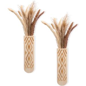 2 Pack Wooden Wall Planter Wooden Vase Set with Dried Reed Flowers Boho Wall Decor Indoor Farmhouse Decor for Entryways Hallways Bathrooms Living Rooms and Dining Rooms(Natural Wood Color)