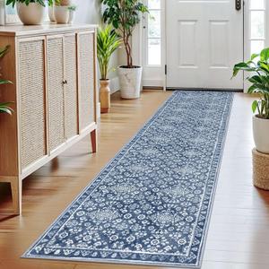 Vintage Washable 2x8 Runner Rug Non Slip, Denim Blue White Hallway Runner Rug, Super Soft Kitchen Runner Rug, Printed Faux Wool Thin Carpet Runner for Entryway Indoor Laundry Room Bedroom