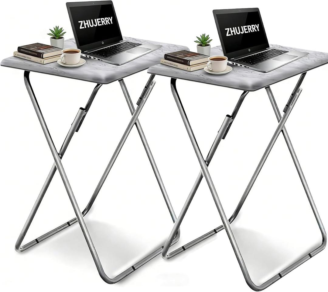 Tv Trays Folding Tv Table, Dinner Table for Eating with Sturdy Metal Frame, Small Foldable Snack Trays Table for Living Room, Couch,Sofa, Bed, No Assembly Required (3D White Marble 2-piece Set )