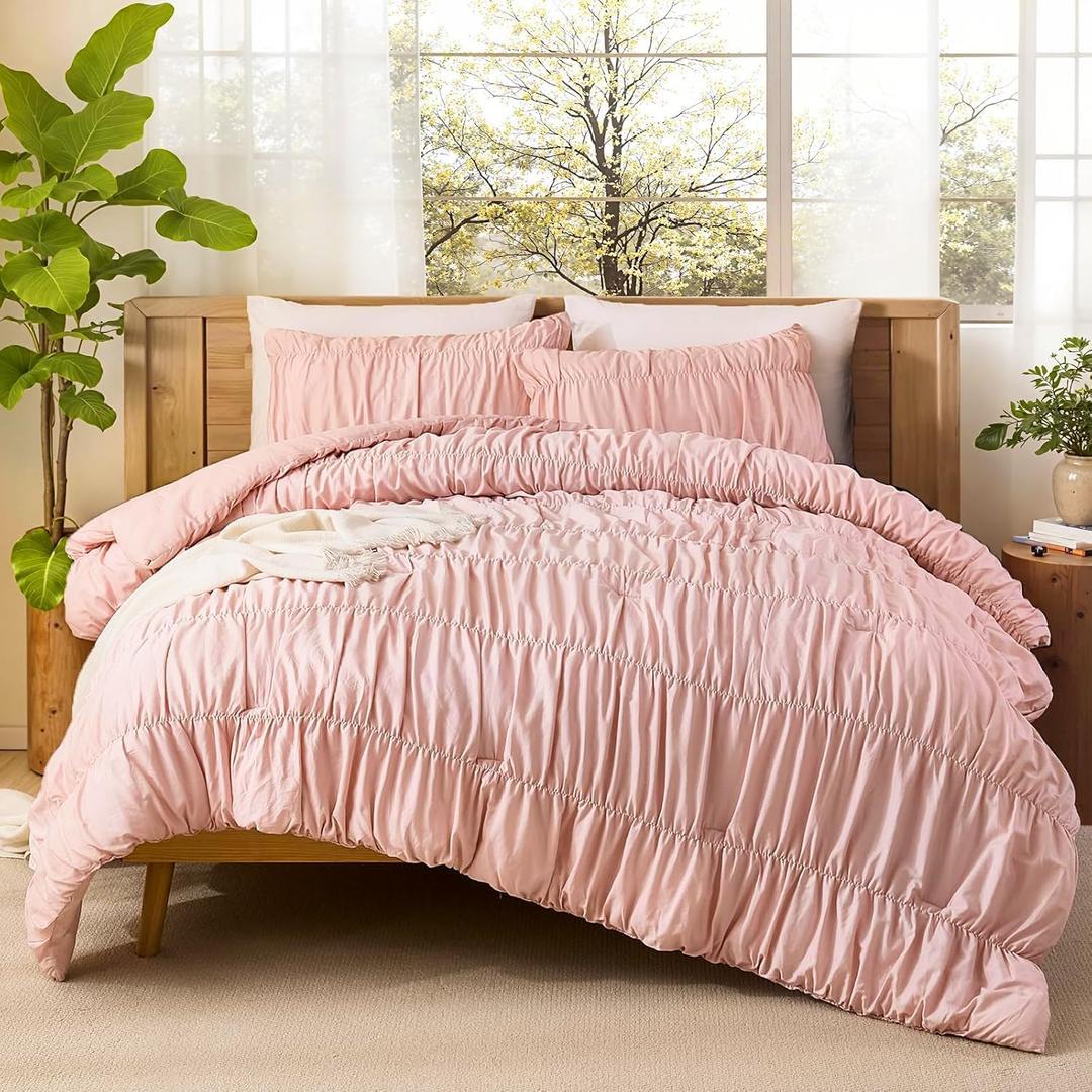 Bedbay Pink Ruched Comforter Set for Queen Size Bed, Breathable Cotton Queen Comforter Boho Bed Set, Girls Teen Room Decor Aesthetic Bedding Set, Vintage Ruffled Fluffy Comforter for All Seasons
