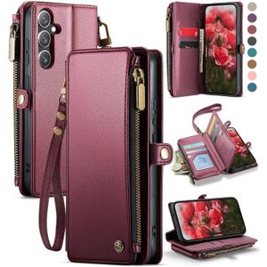 Defencase for Galaxy S25 Case Wallet with RFID Blocking Card Holder for Women Men, Elegant PU Leather Magnetic Snap Flip Wrist Strap Zipper Wallet Phone Cases for Samsung Galaxy S25 5G 6.2", Wine Red
