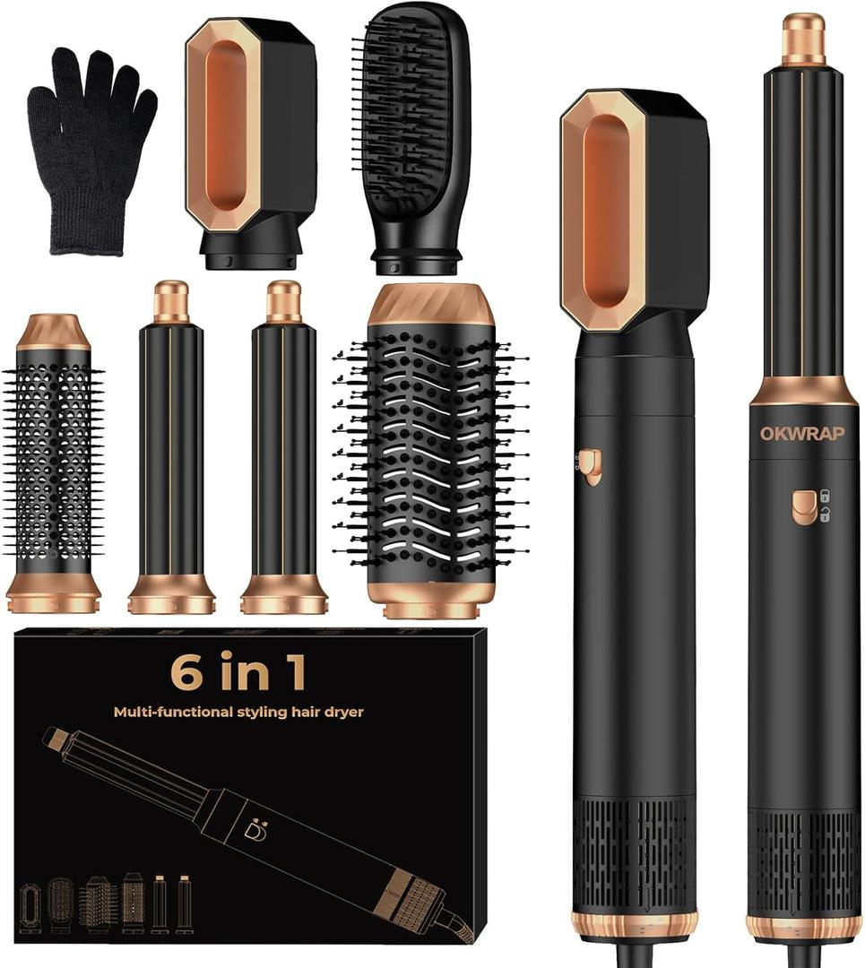 6 in 1 Blow Dryer Brush, Upgrade Hair Dryer Brush Set Negative Ion Air Styler Curling Wrap Air Curler, Hot Air Brush Curling Iron Hair Styling Tools As A Gift for Straight/Curl/Dry/Smooth