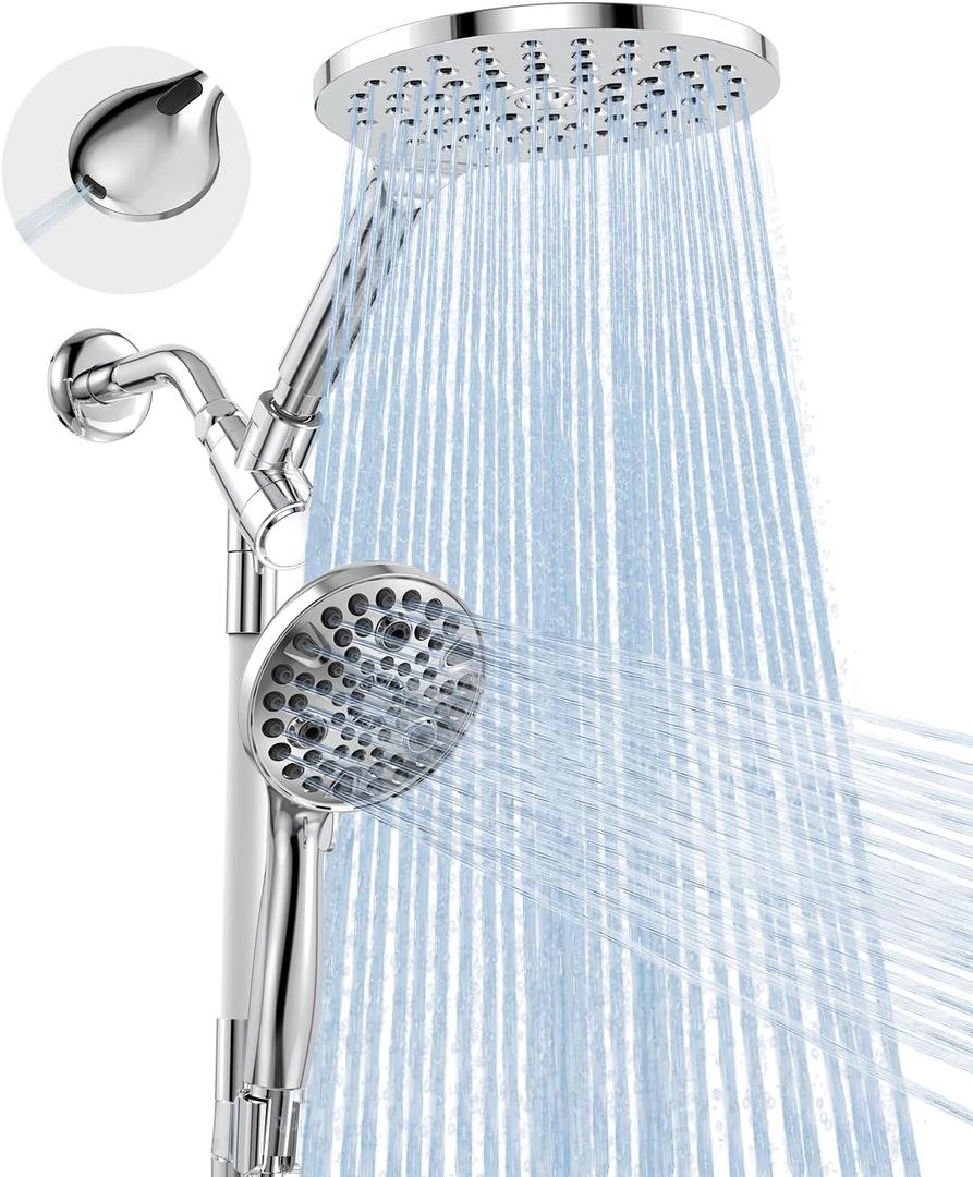 Dual Handheld Shower Head Combo, 2-in-1 Rain Shower Heads System 8 Inch Rainfall Shower Head and 10 Modes High Pressure Hand Held Showerhead with Built-in Power Wash (Chrome)
