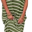 Saodimallsu Womens Striped Summer Dresses Short Sleeve V Neck Knit Collared Sexy Slit Loose Maxi Sweater Dress M