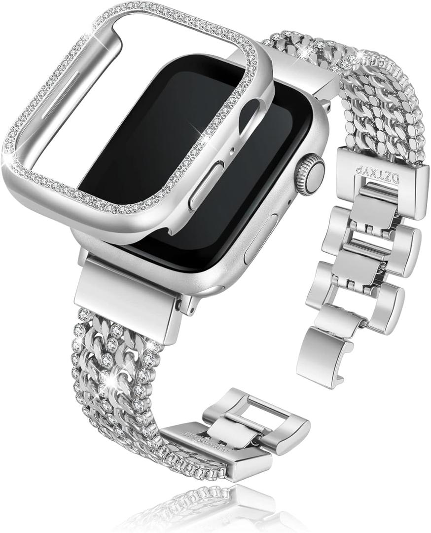 Crystals and Cowboy Metal Chains Compatible for Apple Watch Bracelet Bands with Bling Protective Case 40mm Iwatch Series 8 7 6 5 4 3 2 1 SE for Women Dressy (Silver)
