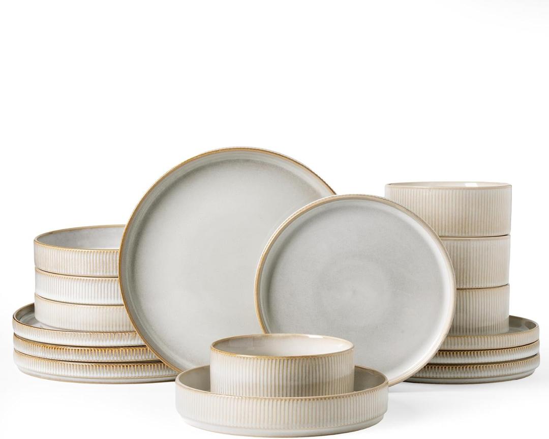 Famiware Star Dinnerware Set with Pasta Bowls, Service for 4 (16pcs), Ribbed Stoneware Plates and Double Bowls Dishes Sets - Chip & Scratch Resistant, Microwave & Dishwasher Safe, Cappuccino White, 4-Set(16pcs, with Pasta Bowls)