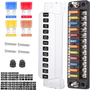 12-Way 12V Fuse Box Blade, 12-Volt Fuseholder, No LED Indicator, Moisture Resistant Cover - with Ground Bus 12-Way Independent Positive Fuseholder for 12V/24V Cars, Car Trucks, Boats, Marine Vehicles