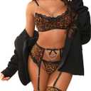 Aranmei Womens Sexy Eyelash Fishnet Lingerie Set Chain Babydoll Underwire Bra and Panty Sets with Garter Belt 4 Pieces (Medium, Leopard Print)