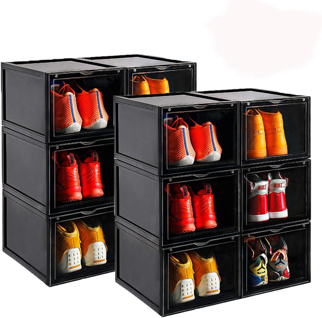 AOTENG STAR Black Storage Shoes Box Womens Mens Shoe Storage Display Box Plastic Foldable Stackable Shoe Container Clear Closet Shelf Shoe Organizer-6 Pack