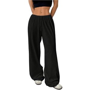 RoseSeek Women's Drawstring Waist Straight Streetwear Long Wide Leg Pants Casual Loose Baggy Workout Long Fall Sweatpants (Black, S)