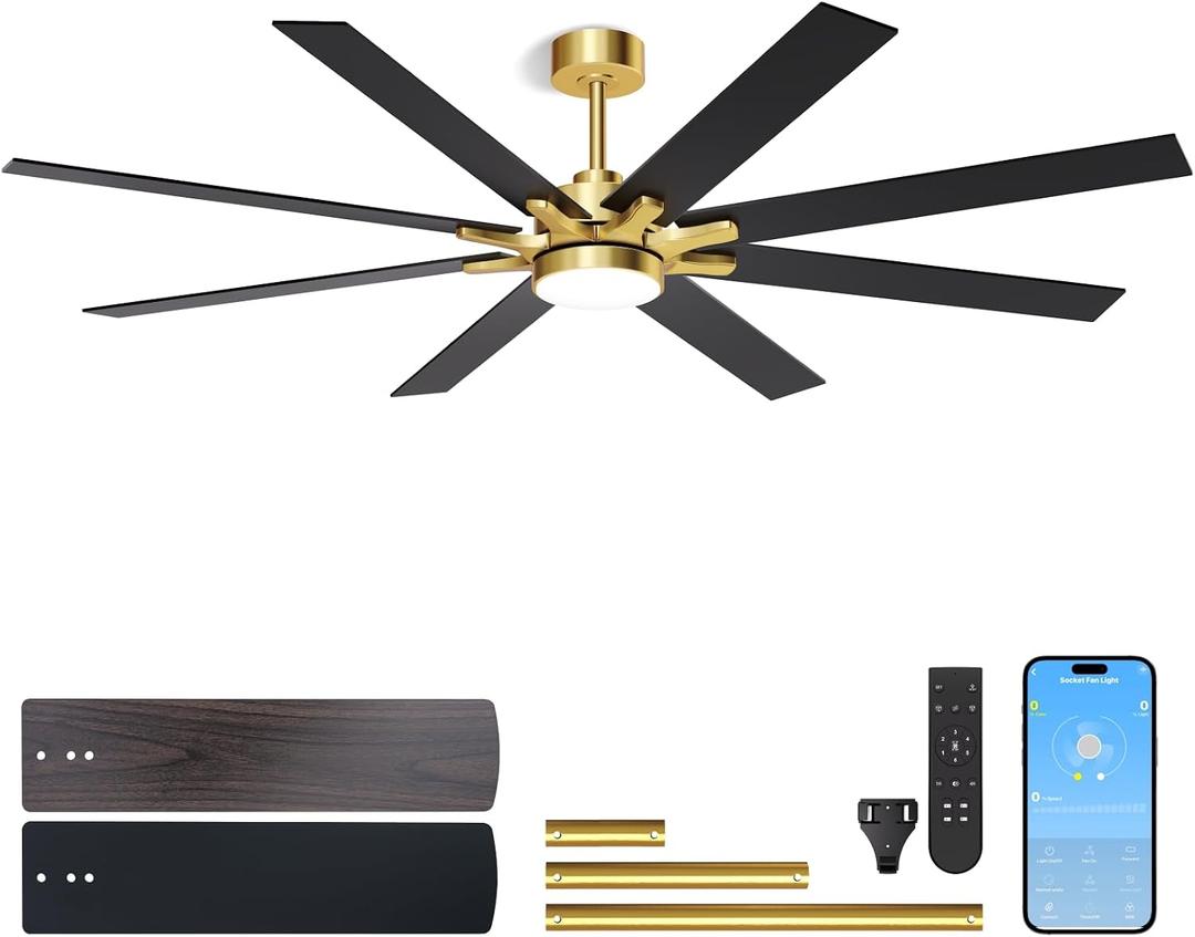 LANMEL Metal Ceiling Fan with Lights and Remote, 72 Inch, Gold & Black