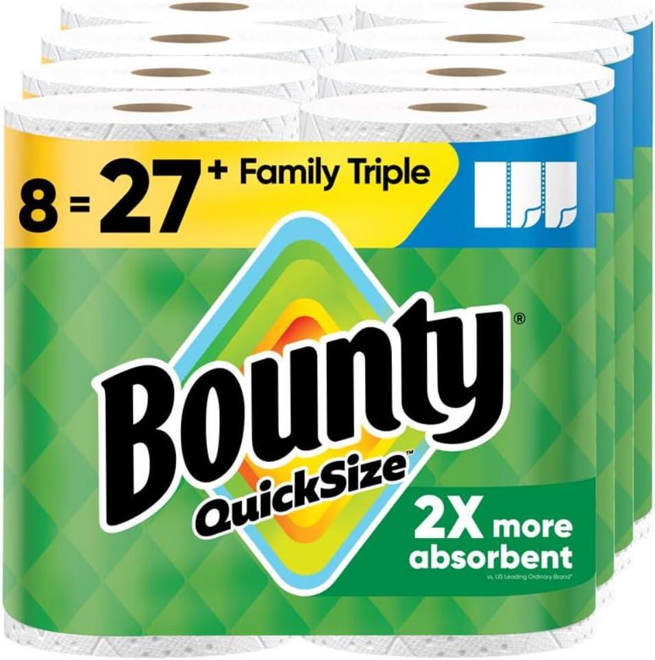 Bounty Quick-Size Paper Towels, White, 8 Family Triple Rolls = 27 Regular Rolls (141 Sheet (Pack of 8))