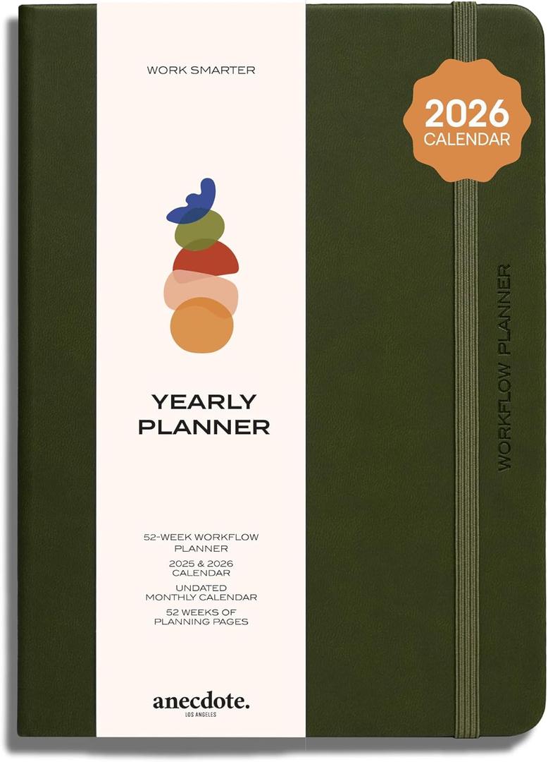 Anecdote 2026 Planner: 52 Week Daily Planner, Yearly, Monthly & Weekly Workflow for Planning Your Success  Vegan Leather Hardcover, Start Anytime & Achieve your Goals - Olive Green