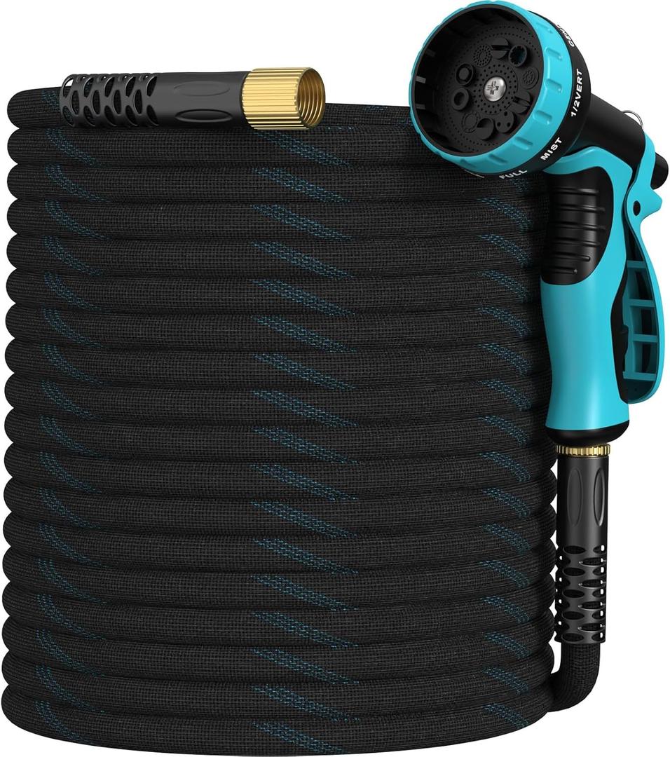 Garden Hose 50ft, Non-Expandable Lightweight & Flexible Water Hose, with 10-Pattern Spray Nozzle, Super Fabric, Leak-Proof 3/4" Solid Brass Alloy Connector Fittings, Durable Blue