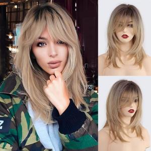 HAIRCUBE Blonde Wigs Shoulder Length Layered Wigs Long Curly Wigs for Women 18 Inch Wigs with Bangs (Ombre blonde dark rooted)