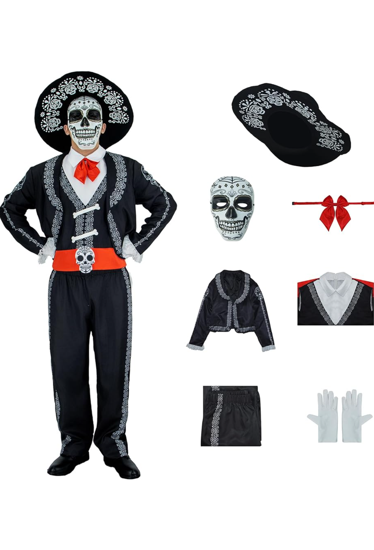 Day Of The Dead Costume for Men Mariachi Suit Adults Dia De Los Muertos Costumes Mask with Hat for Halloween Cosplay, XL