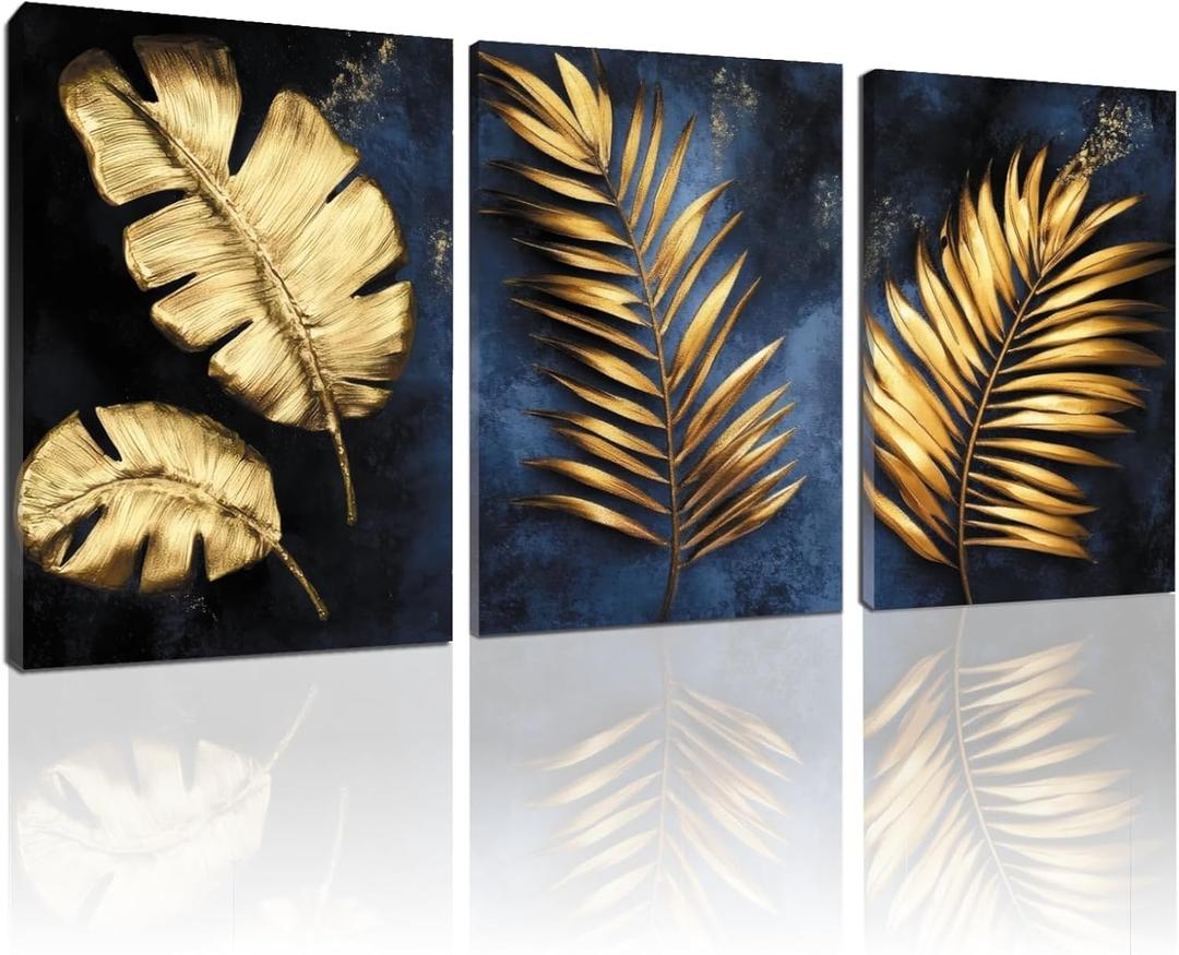 Wivsev Gold Leaf Wall Decor,Green And Gold Wall Art,Tropical Botanical Wall Art for Livingroom,Bedroom,Office (16" x 24" x 3 pcs)