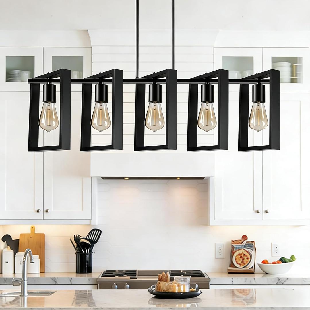 5-Light Island Lights for Kitchen, Rectangular Black Metal Kitchen Island Chandelier 41.3" Adjustable Rustic Modern Dining Room Light Fixtures Over Table, Chandeliers for Dining Room