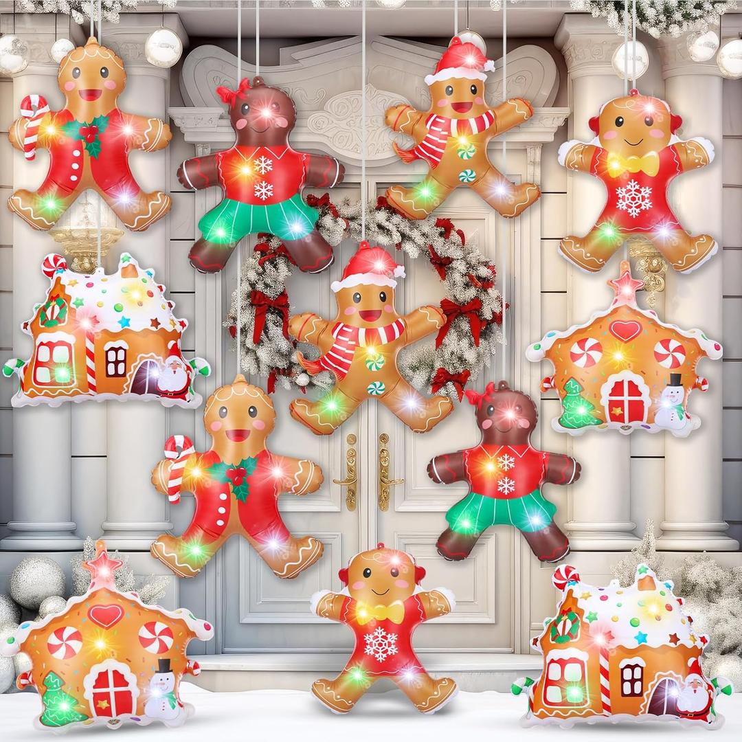 HyDren 12 Pcs Christmas Inflatable Gingerbread Man Decoration with Lights 20 Inch Xmas Gingerbread Man Girl and House Hanging Ornaments Blow up Ornaments for Indoor Outdoor Home Yard Party Supplies
