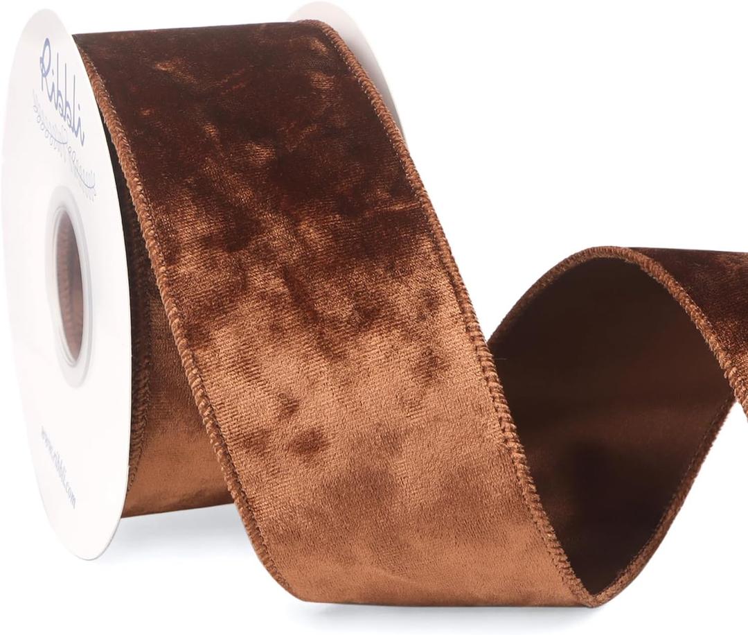 Ribbli Copper Brown Velvet Wired Ribbon 2.5 Inch Crushed Velvet Christmas Ribbon for Gift Wrapping Christmas Tree Decoration Crafts Wreaths Supplies-Continuous 10 Yards