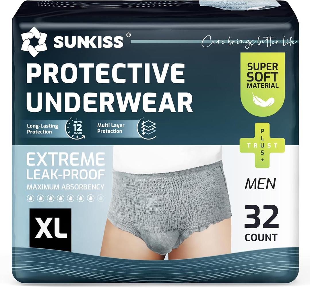 SUNKISS Super Soft Incontinence Underwear for Men, Daytime Disposable Adult Pull Ups, Men's Protective Briefs with Maximum Absorbency, XLarge, Grey, 32 Count