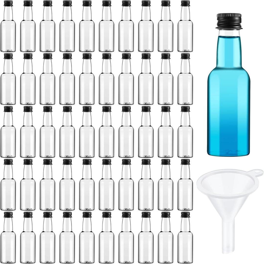 208 Mini Liquor Bottles 1.7 oz Plastic Mini Empty Spirit Bottle with Black Screw Cap Small Wine Hot Sauce Container with Caps Liquid Funnel Easy Pouring Party