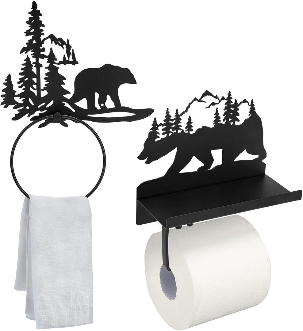 Funrous 2 Pcs Bear Toilet Paper Holder Bear Towel Ring Holder for Bathroom Black Bathroom Cabin Decor Holders with Shelf Rustic Wall Mount Forest Farmhouse Towel Rack for Home Kitchen