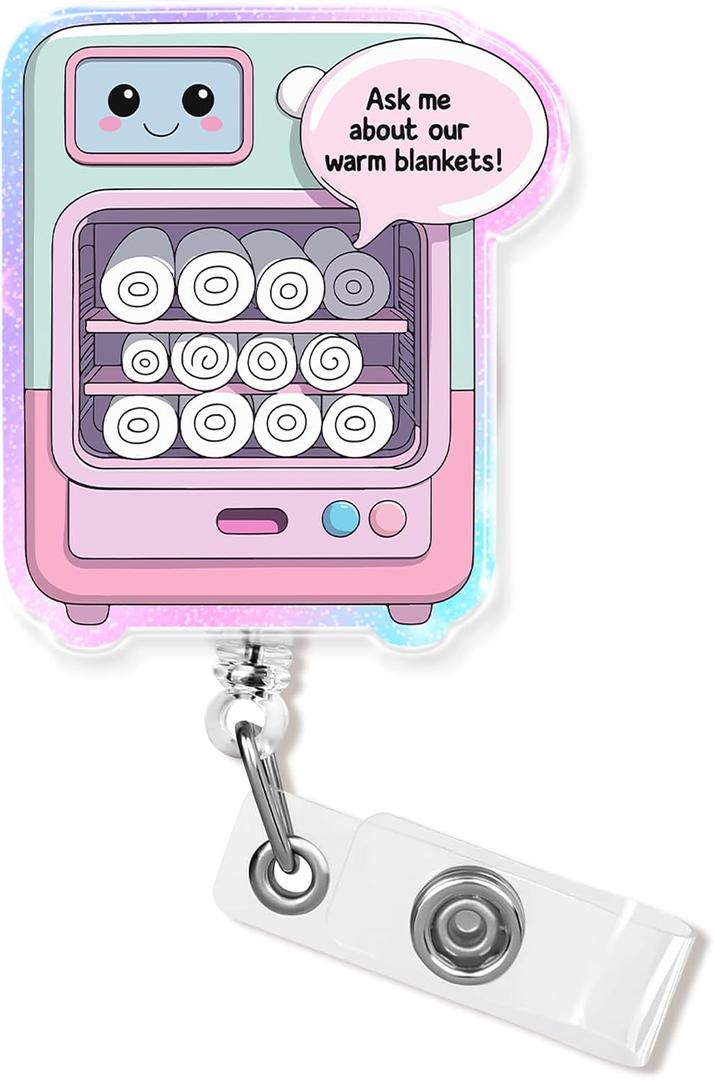 Ask Me About Our Warm Blankets Badge Reel Retractable 1.8 Inches Funny Nurse CNA Nursing Cute Phlebotomy RN Pharmacy NICU Id Badge Holder Acrylic Accessories for Office Medical Worker Teacher Student