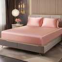 BEDELITE Satin Fitted Sheet and Pillowcases Set, Luxury Soft Similar to Silk Bottom Bed Sheet with Elastic Corner Straps, Deep Pocket up to 15 Inch, 1 Fitted Sheet and 2 Pillowcases(Queen, Rose Pink)