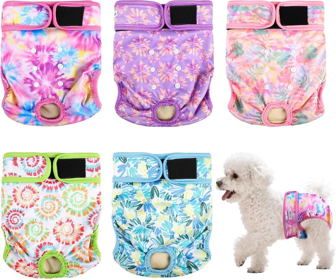 Dog Diapers Female 5pcs,Reusable Dog Doggie Puppy Doggy Diapers Female, Period Panties in Heat, Tiedye, XLarge