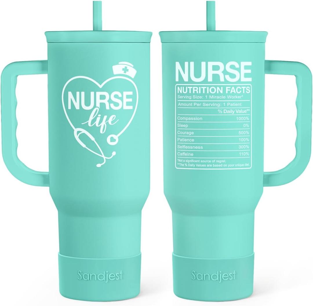Nurse Gift Tumbler 40oz with Handle and Straw  Nutrition Facts Insulated Stainless Steel Travel Coffee Mug for Nursing Friends - Gifts for Nurse Week, Appreciation, Birthday, Christmas