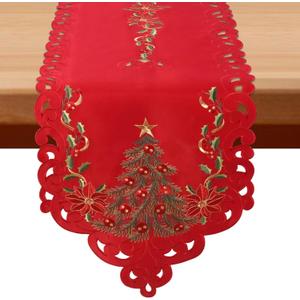 Red Christmas Table Runner - Small 54 Inches Long, Embroidered Tree & Poinsettia Cutwork Lace Linen Tablerunner for Dining Room, Kitchen, Mantel or Coffee Table, Holiday Xmas Decor