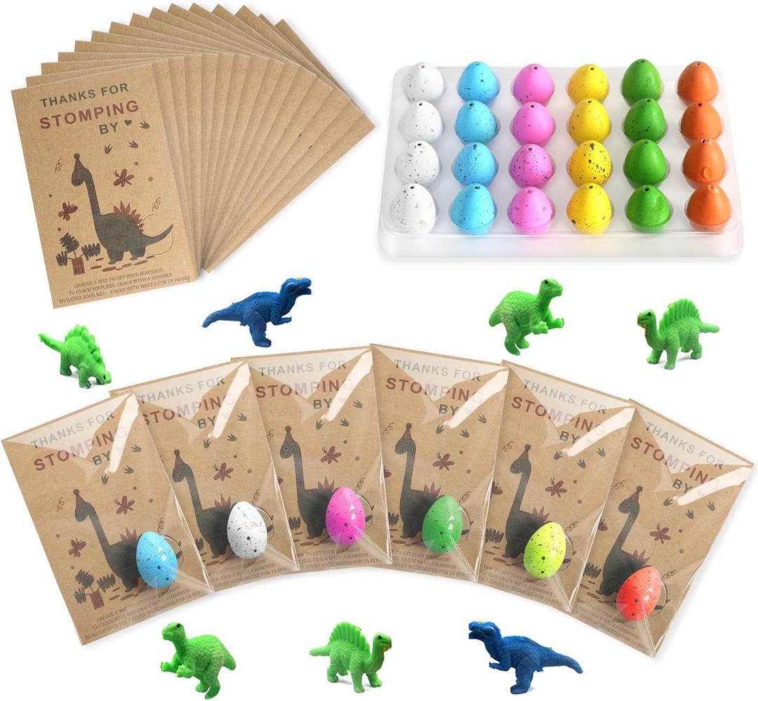 Dinosaur Party Favors Funny Mini Dinosaur Toys Dinosaur Birthday Party Supplies 24 Pack Dino Eggs and 24 Hatching Card Bulk Gifts Novelty Birthday Party Decorations for Kids Boys Girls Toddler