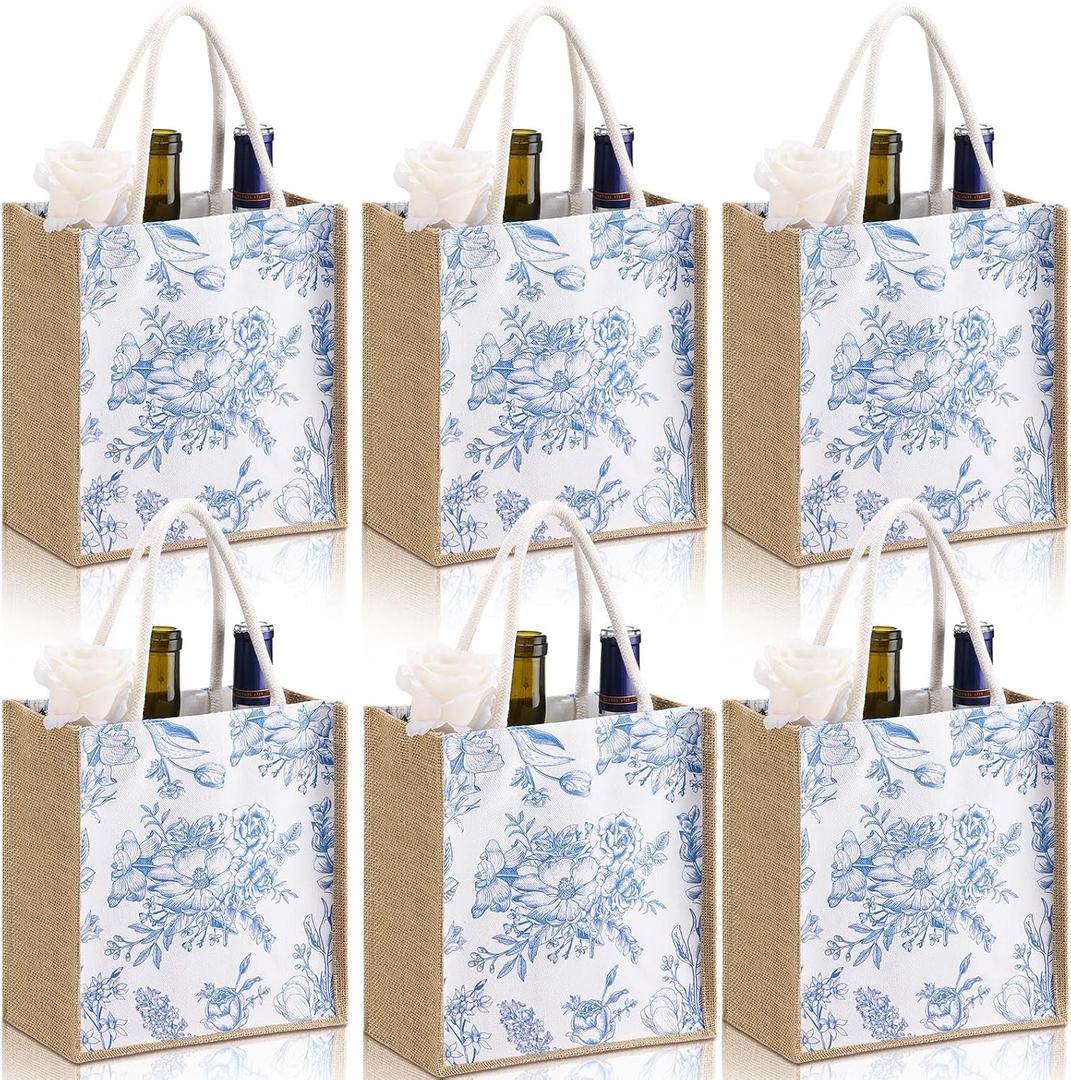 Paterr 6 Pcs Bridesmaid Bags Blue White Vintage Floral Burlap Tote Bridal Party Gift Bags Reusable Jute Tote with Handles Medium for Wedding Day Engagement DIY Shopping Bridal Shower