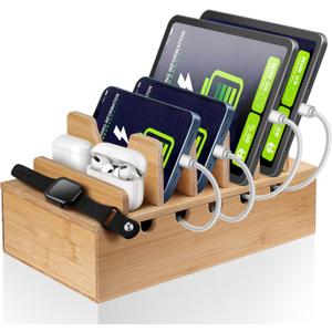 Bamboo Charging Station for Multiple Devices, Cell Phone Docking Charging Station Organizer, Nightstand Bedside Desk Device Charger Organizer for Laptop, Tablets and iPads