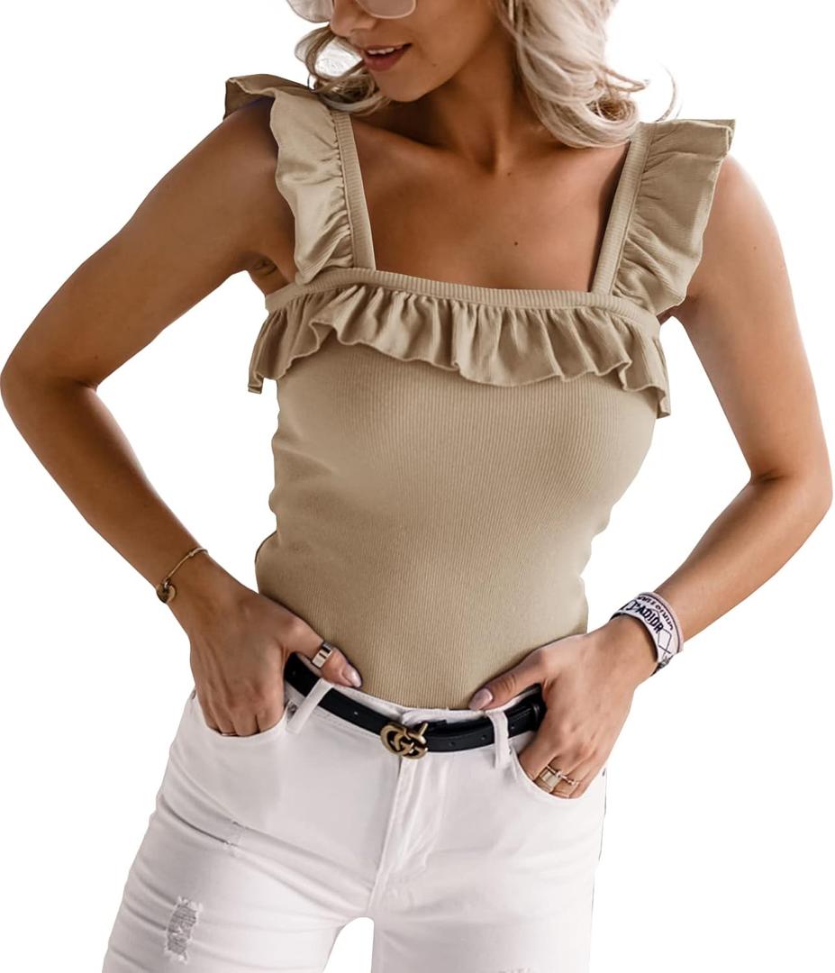 Womens Cute Sleeveless Tank Tops Ruffle Strap Square Neck Blouse Solid Color Knitted Camisole (XX-Large, Dark Khaki)