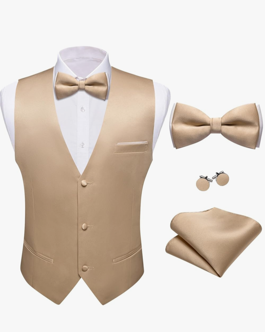 Barry.Wang Mens Suit Vest Bow Tie Set 4PCS Formal V-neck Slim Fit Casual Solid Color Waistcoat Wedding Party Tuxedo