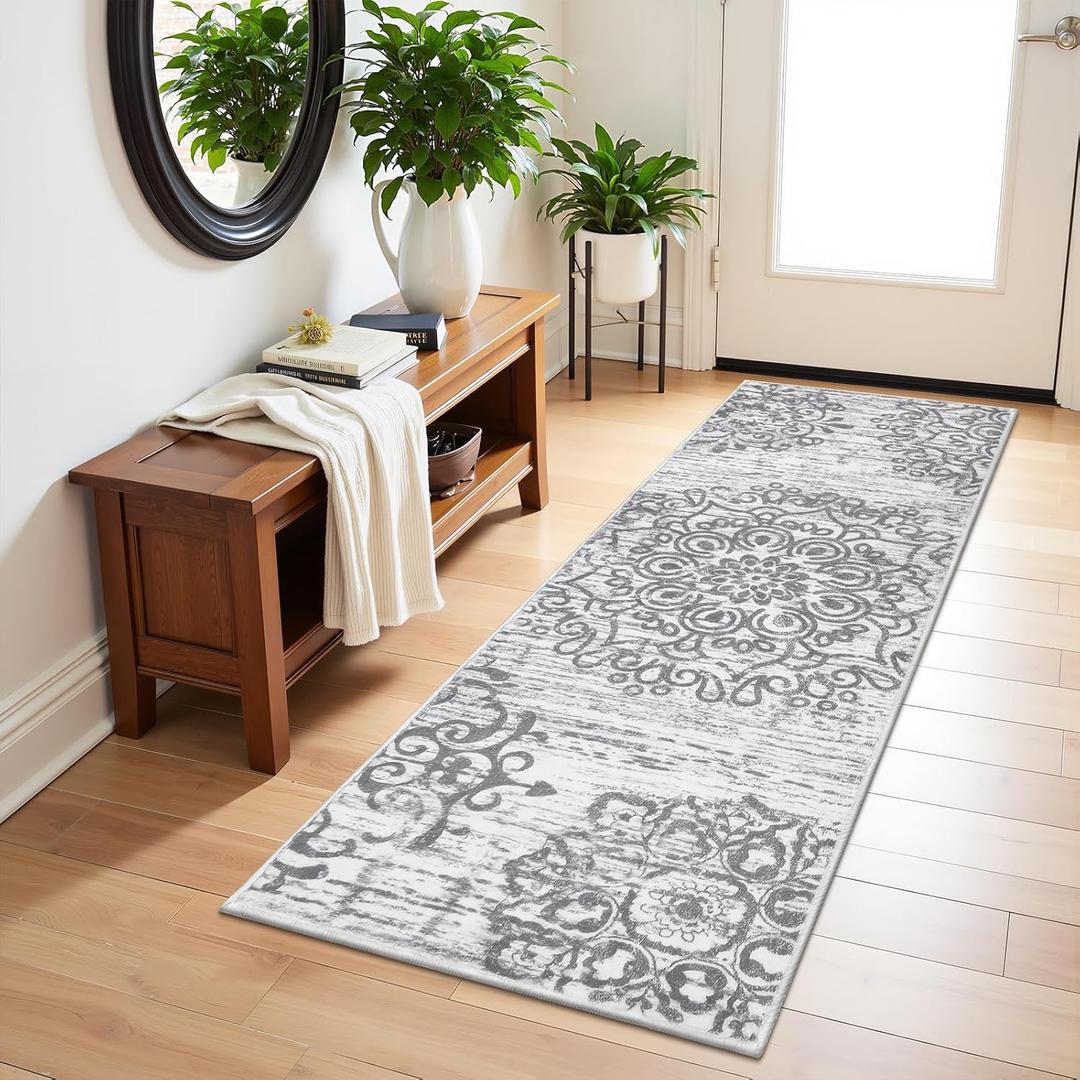 HEBE Hallway Runner Rug 2'x6' Washable Vintage Distressed Area Rugs Non Slip Laundry Rug Runner Boho Floor Carpet Runners for Hallways Entryway Laundry Room Kitchen Bathroom (Grey)