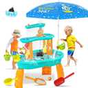 Handwell Toddler Water Table, Auto Water-Absorbing 3-Tier Kids Water and Sand Activity Table with Umbrella & 20PCS Water Toy Accessories, Outdoor Water Play Toys Sensory Playset Summer Gift for Age 3+