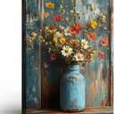 Framed Oil Painting Style Print Antique Metal Vase Wildflowers Pattern Background Rustic Vintage Floral Art Farmhouse Decor Rustic Wall Art Floral Mural Home Decor Gallery Poster 24x16 Inch (Light blue yellow)
