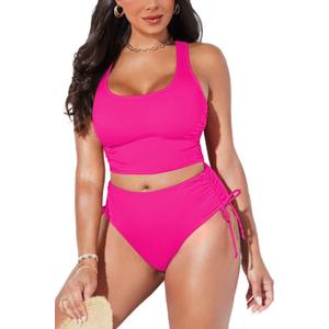 Pink Queen Women's Scoop Neck Racerback Ruched Crop Top High Waisted Bikini Sets 2 Piece Swimsuit Bathing Suit (Large)