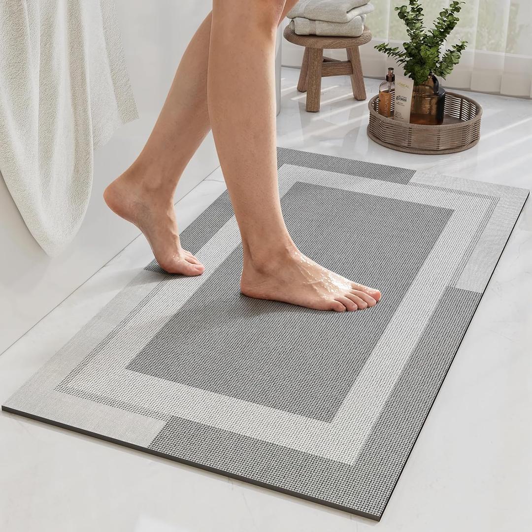 Non Slip Bath Mat, Rubber Backing Ultra Thin Bathroom Rugs Fit Under Door Quick Dry Super Absorbent Washable Bath Rug Shower Mat for Bathroom Floor Bathtub Shower Sink, Easy Care Gray 16"x 24"