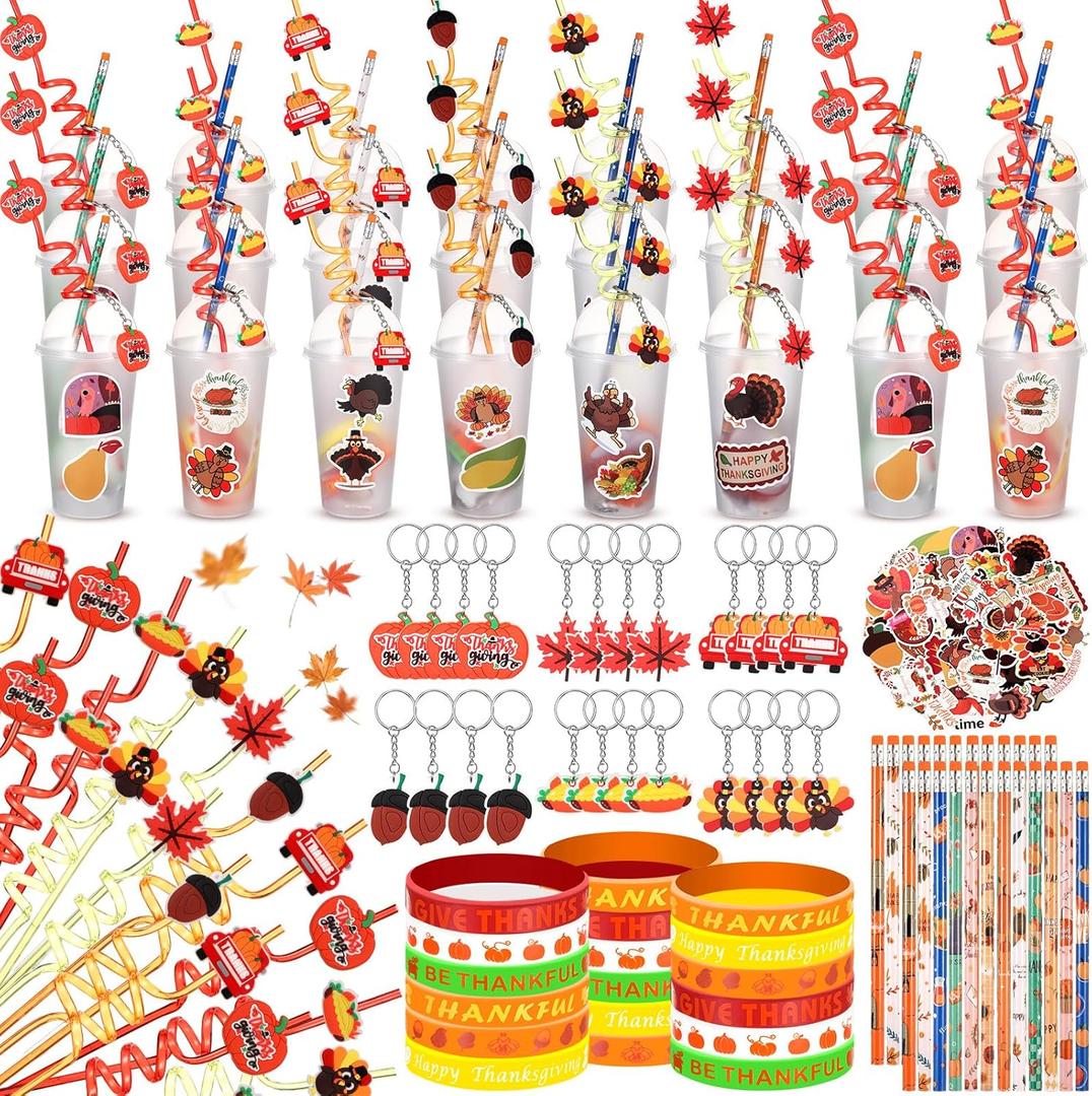 194 Pcs Thanksgiving Party Favor Friendsgiving Fall Autumn Stationery Pumpkin Maple Turkey Keychain Pencil Bracelet Sticker Goodie Bag Filler Exchange Students Classrooms Gift(Mixed Style)