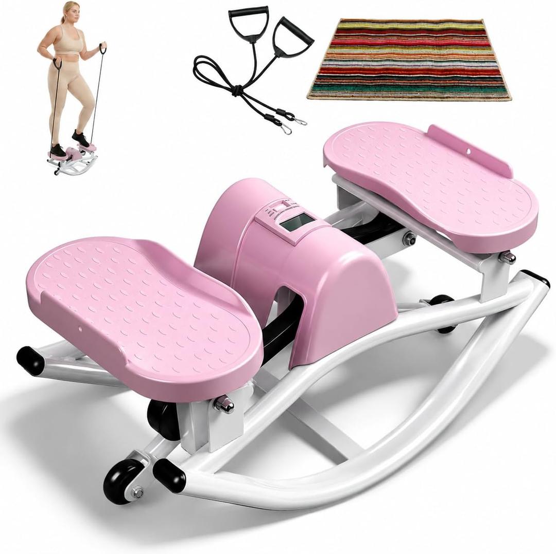 Rock Stepper for Home Workout, Side-to-Side Stepper Machine with Resistance Bands & Digital Display, Low-Impact Lateral Stepper for Full Body Exercise, Compact Quiet Cardio Equipment for Apartment/Gym , Pink